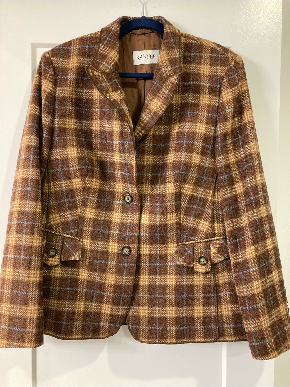 Basler Brown Plaid 100% Wool Blazer with Blue Accents